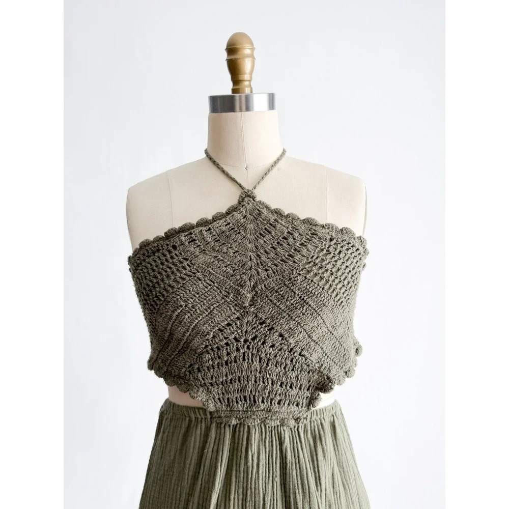Aerie Mini Dress Boho Crochet Halter Cutout Gauze XL Olive Green Summer Festival